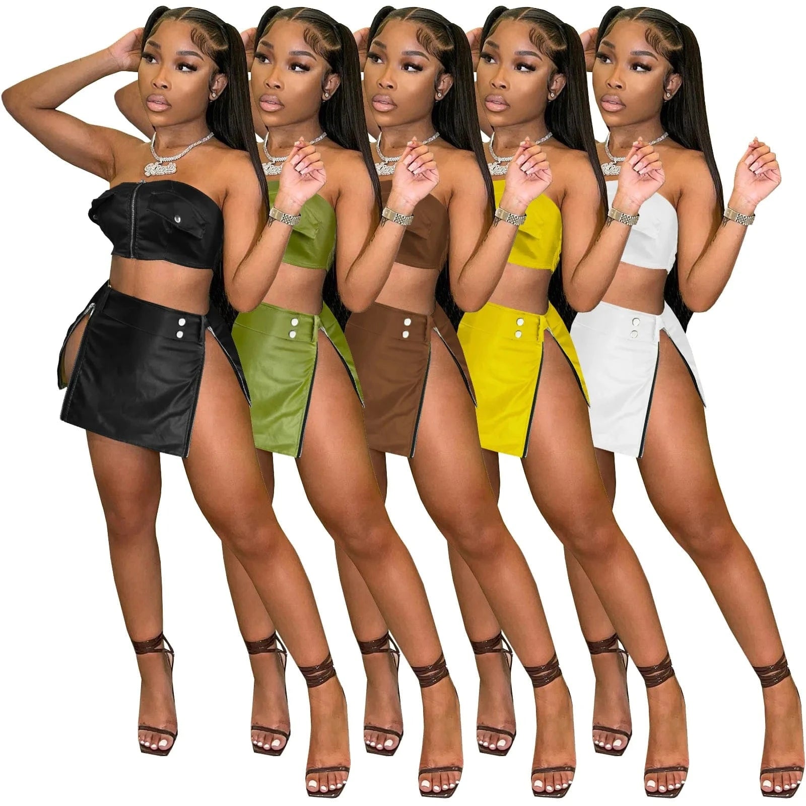 2024 New fashion Women Summer Sexy Dress 2 Two Piece Sets Skirt Sleeveless Strapless Crop Zipper Top+mini Skirts Pu Leather Sets