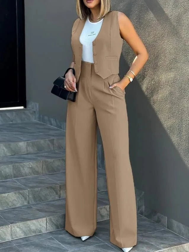 2024 New Fashion Women Summer Sleeveless Long Pants Button Solid Color Top +Trousers 2 Pieces Set Casual Suits