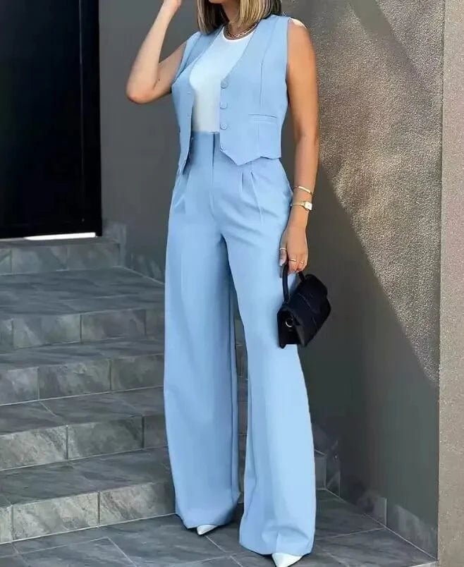 2024 New Fashion Women Summer Sleeveless Long Pants Button Solid Color Top +Trousers 2 Pieces Set Casual Suits