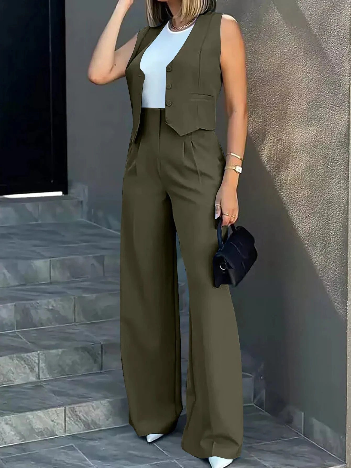 2024 New Fashion Women Summer Sleeveless Long Pants Button Solid Color Top +Trousers 2 Pieces Set Casual Suits