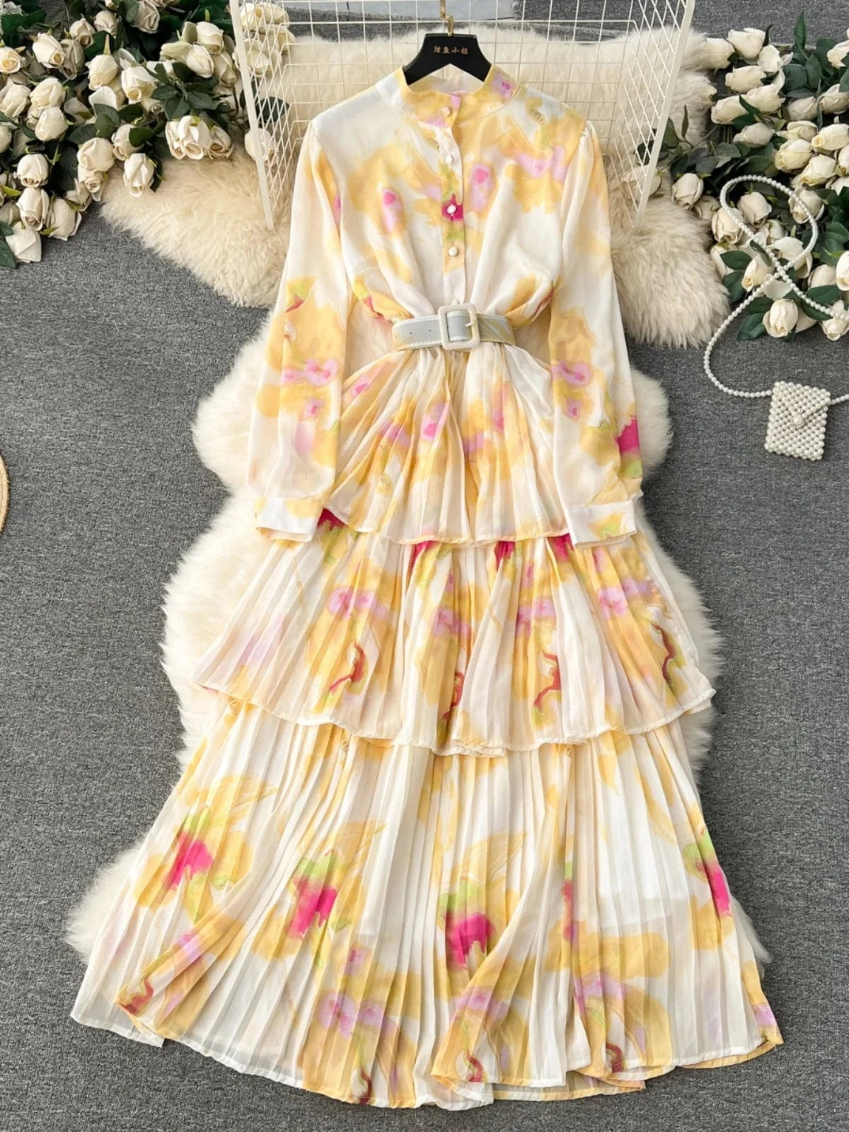 2024 new French gentle style printed chiffon dress women's pleated ruffled edge cake skirt holiday dress
