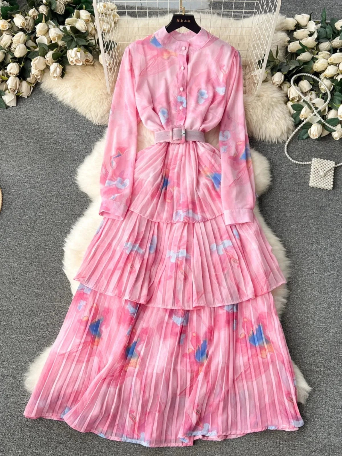2024 new French gentle style printed chiffon dress women's pleated ruffled edge cake skirt holiday dress