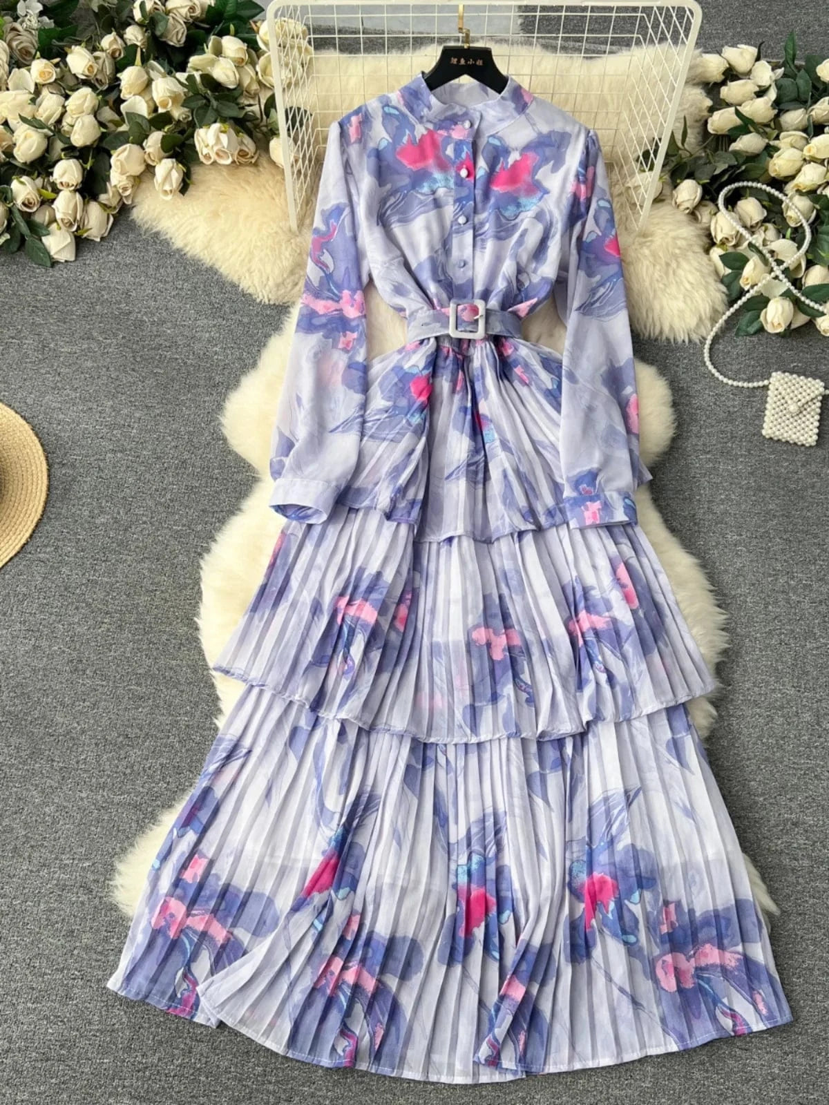 2024 new French gentle style printed chiffon dress women's pleated ruffled edge cake skirt holiday dress