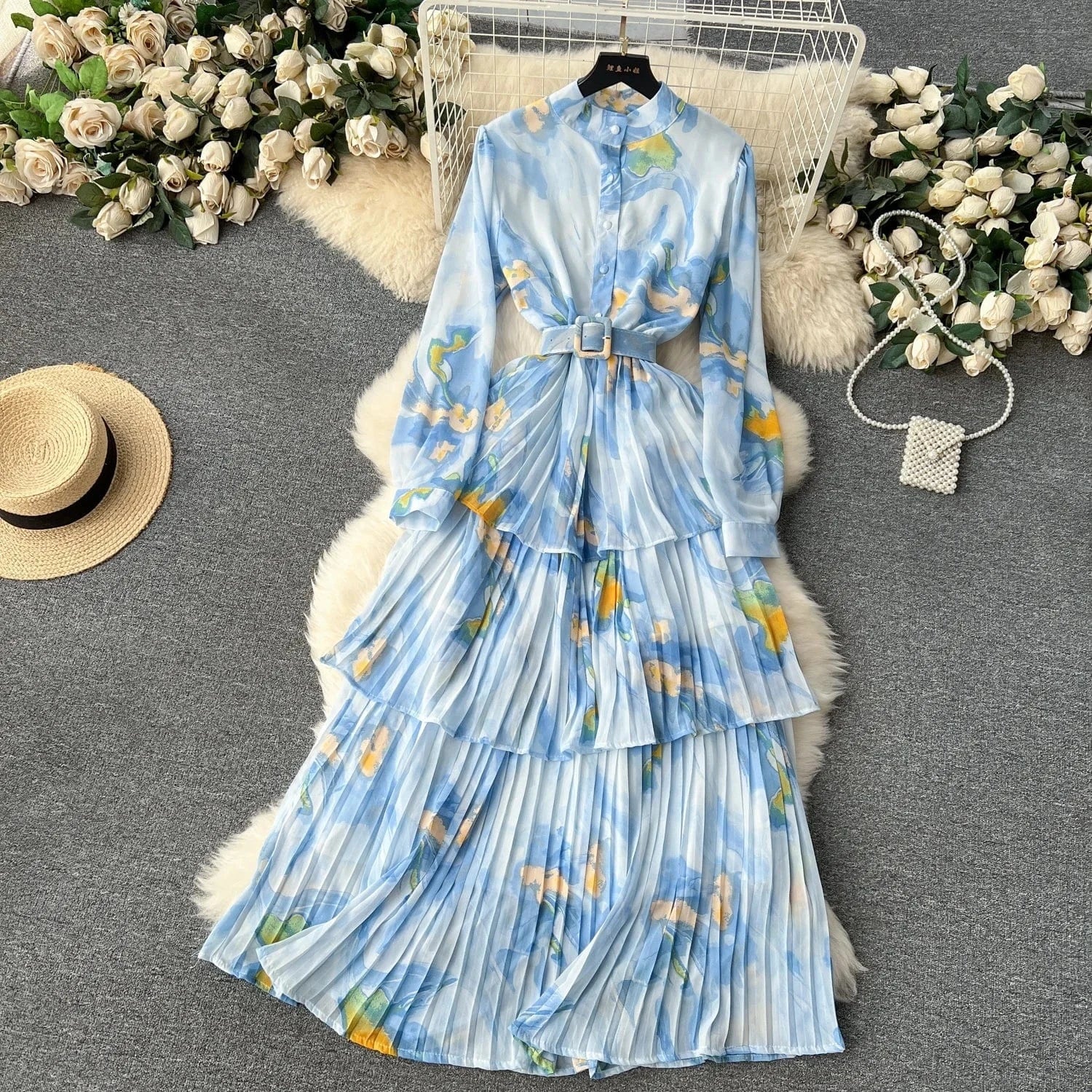 2024 new French gentle style printed chiffon dress women's pleated ruffled edge cake skirt holiday dress