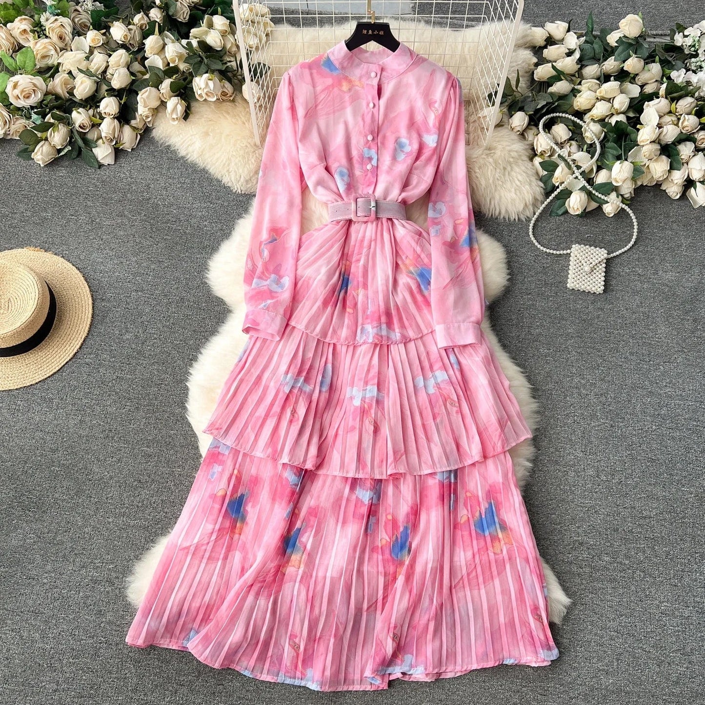 2024 new French gentle style printed chiffon dress women's pleated ruffled edge cake skirt holiday dress