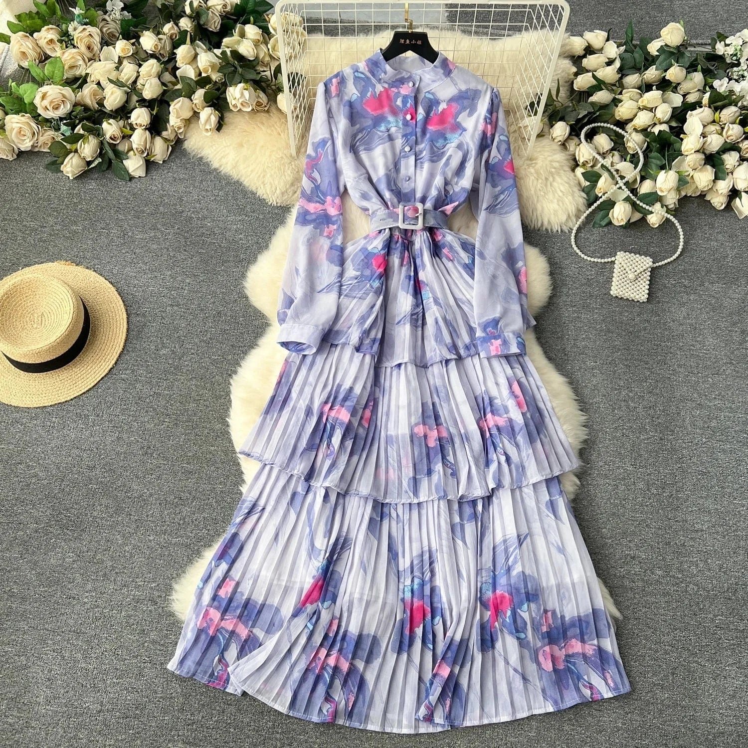 2024 new French gentle style printed chiffon dress women's pleated ruffled edge cake skirt holiday dress