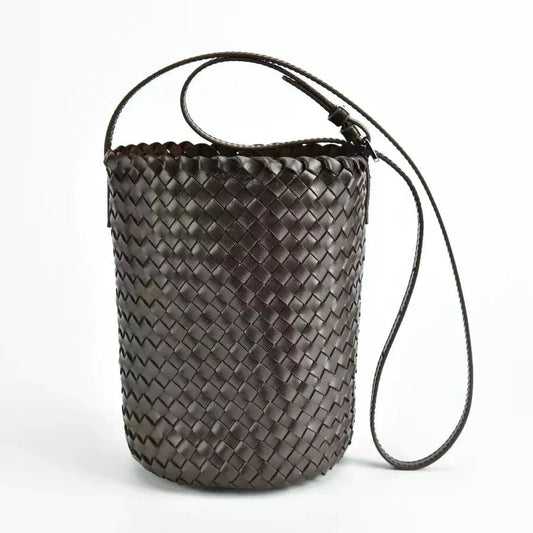 2024 New Head Layer Calf Leather Handmade Woven Bucket Handbag Genuine Leather Retro Cylinder Single Shoulder Crossbody Bags