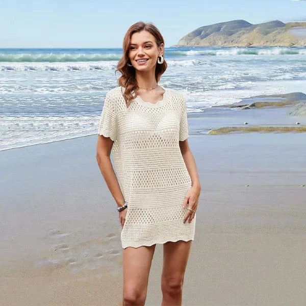 2024 New Hollow Beach Cover Up Summer Swimwear Knitted Short Sleeve Beach Loose crocheted wispy smock bikini jersey beach dress