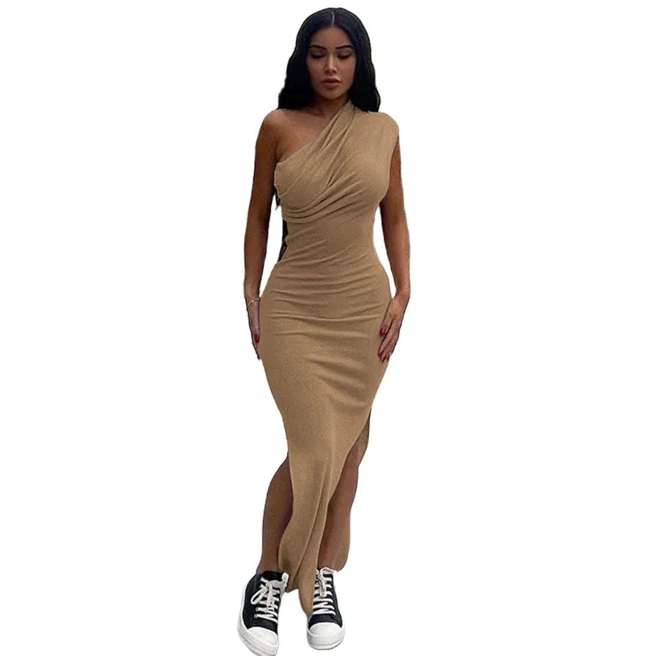 2024 new Irregular Oblique Shoulder Skinny Elastic Slip Jersey Strapless Summer Dress Outfits Midi Casual Dress