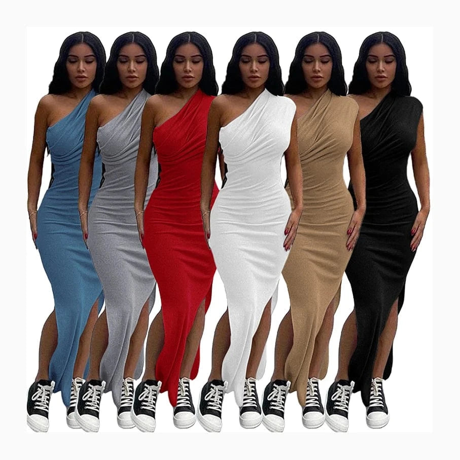 2024 new Irregular Oblique Shoulder Skinny Elastic Slip Jersey Strapless Summer Dress Outfits Midi Casual Dress
