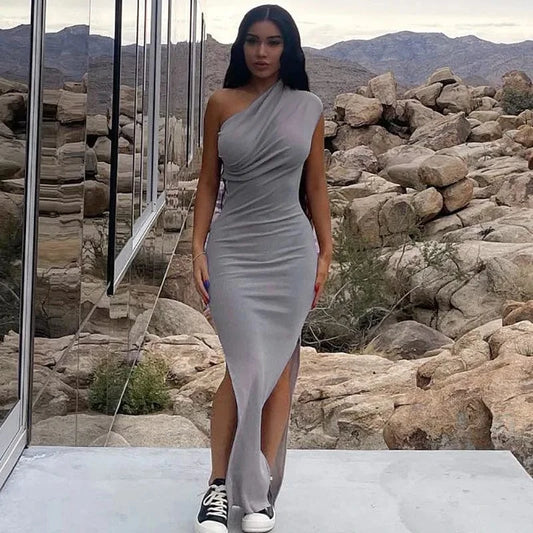 2024 new Irregular Oblique Shoulder Skinny Elastic Slip Jersey Strapless Summer Dress Outfits Midi Casual Dress