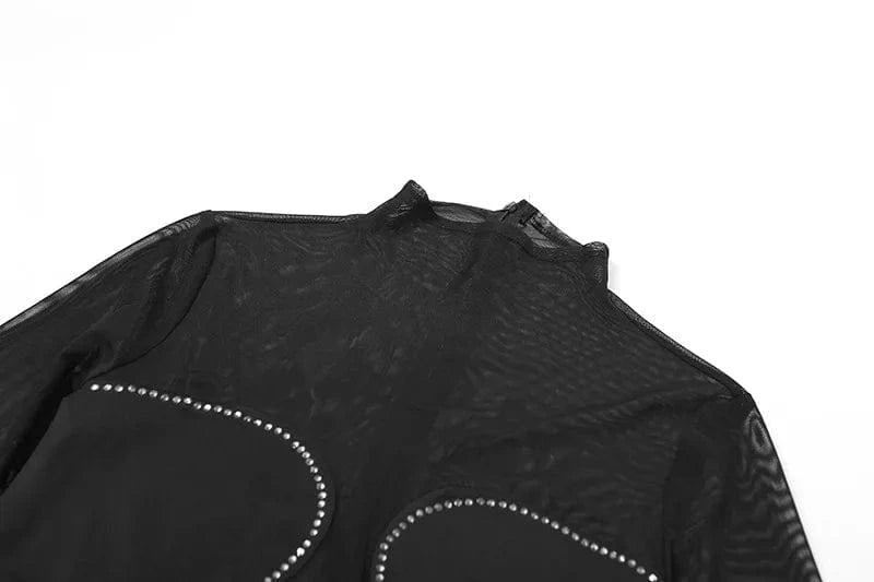 2024 New Ladies Wear Clothes Sexy Mesh Rhinestone Patchwork Long Sleeve Cute Jumpsuits Women See Through Sexy Tight Jumpsuit