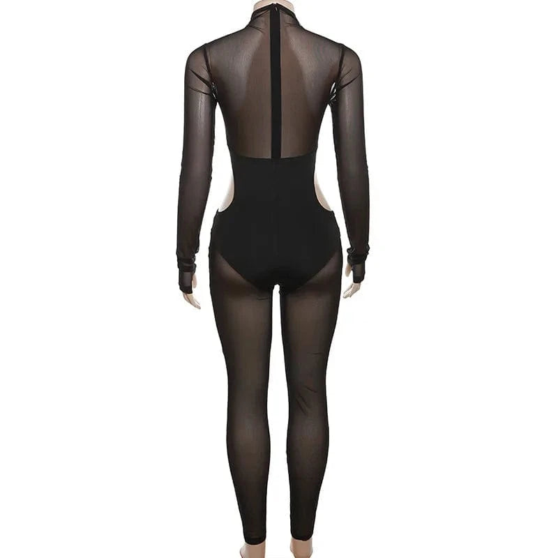 2024 New Ladies Wear Clothes Sexy Mesh Rhinestone Patchwork Long Sleeve Cute Jumpsuits Women See Through Sexy Tight Jumpsuit
