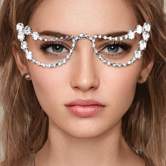 2024 New Luxury Semicircle Rhinestone Eyeglasses Frames Unisex Women Dance Party Fashion Diamond Crystal Face Jewelry Wholesale