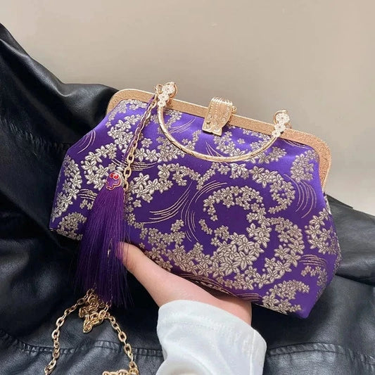 2024 New Luxury Women Evening Clutch Designer Lock Shell Clip Handmade Chain Shoulder Bags Crossbody Bags Tassel Fabric Handbags