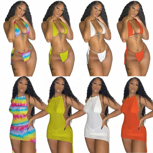 2024 New Mesh Mini Bikini Set Hook Flower Hollow Sexy Skinny Solid Color Beach Vacation Bandage Backless Three Piece Swimsuit