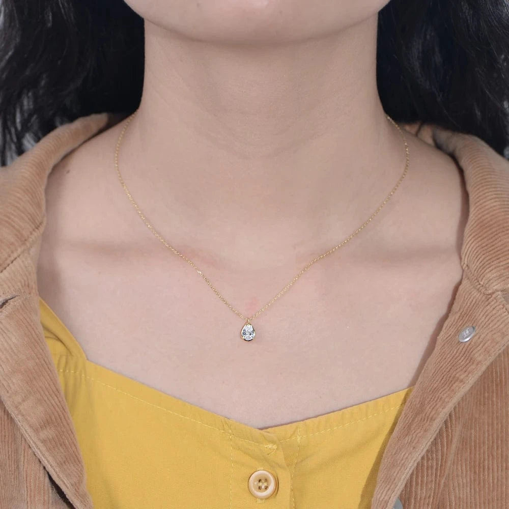 2024 New Minimalist Jewelry Gold Vermeil Silver 925 Zirconia Simple Solitaire stone Pear Bezel-Set Pendant Necklace for Girl