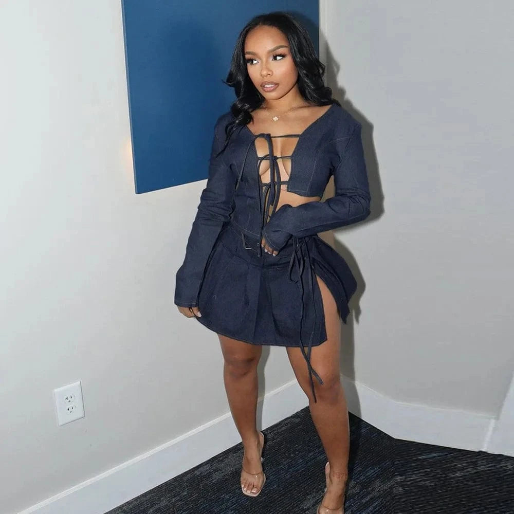 2024 New Peoduct Mini Skirt Set Womens Casual Denim Suit Stretch Denim Camisole Crop Top Two Piece Set