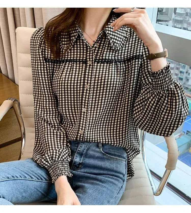 2024 New Plaid Lantern Sleeve Long Sleeve Chiffon Shirt Retro Doll Collar Shirt Lapel Single Breasted Shirt Pleated Cuff Top