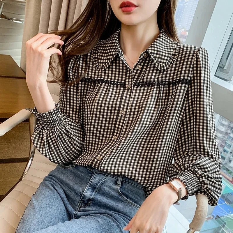 2024 New Plaid Lantern Sleeve Long Sleeve Chiffon Shirt Retro Doll Collar Shirt Lapel Single Breasted Shirt Pleated Cuff Top