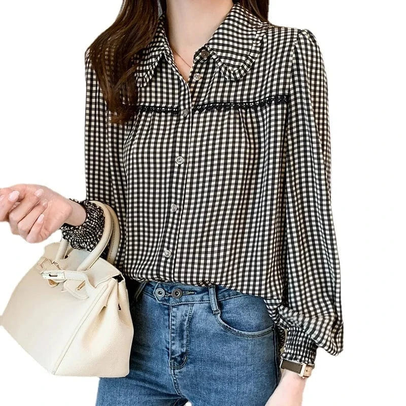2024 New Plaid Lantern Sleeve Long Sleeve Chiffon Shirt Retro Doll Collar Shirt Lapel Single Breasted Shirt Pleated Cuff Top