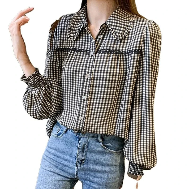 2024 New Plaid Lantern Sleeve Long Sleeve Chiffon Shirt Retro Doll Collar Shirt Lapel Single Breasted Shirt Pleated Cuff Top