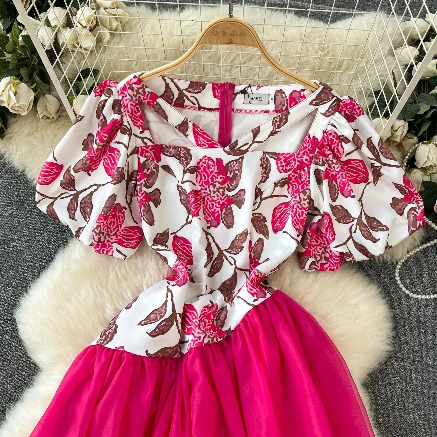 2024 New Plus Size High Quality American Style Tunic Slim Midi Dress For Women Puff Sleeve Empire Patchwork Mesh Vestidos Clothe