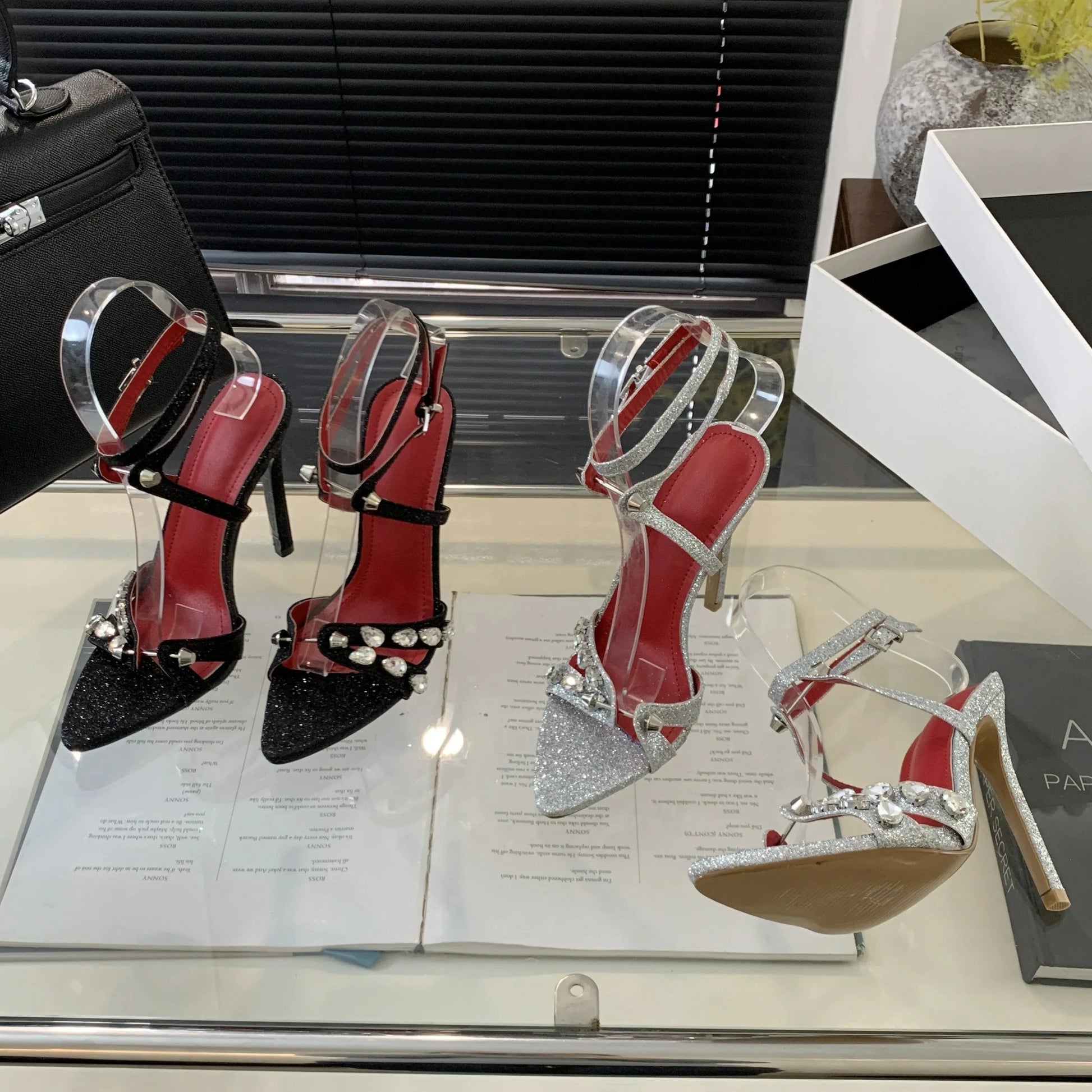 2024 New pointed rhinestone decorative high heel women's sandals sequined women's sandals 35-42