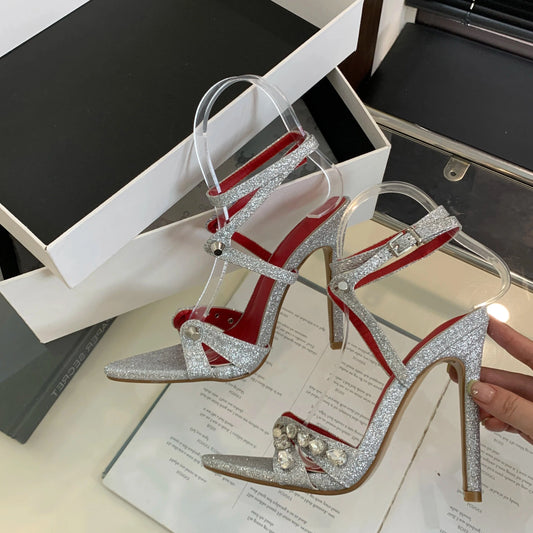 2024 New pointed rhinestone decorative high heel women's sandals sequined women's sandals 35-42