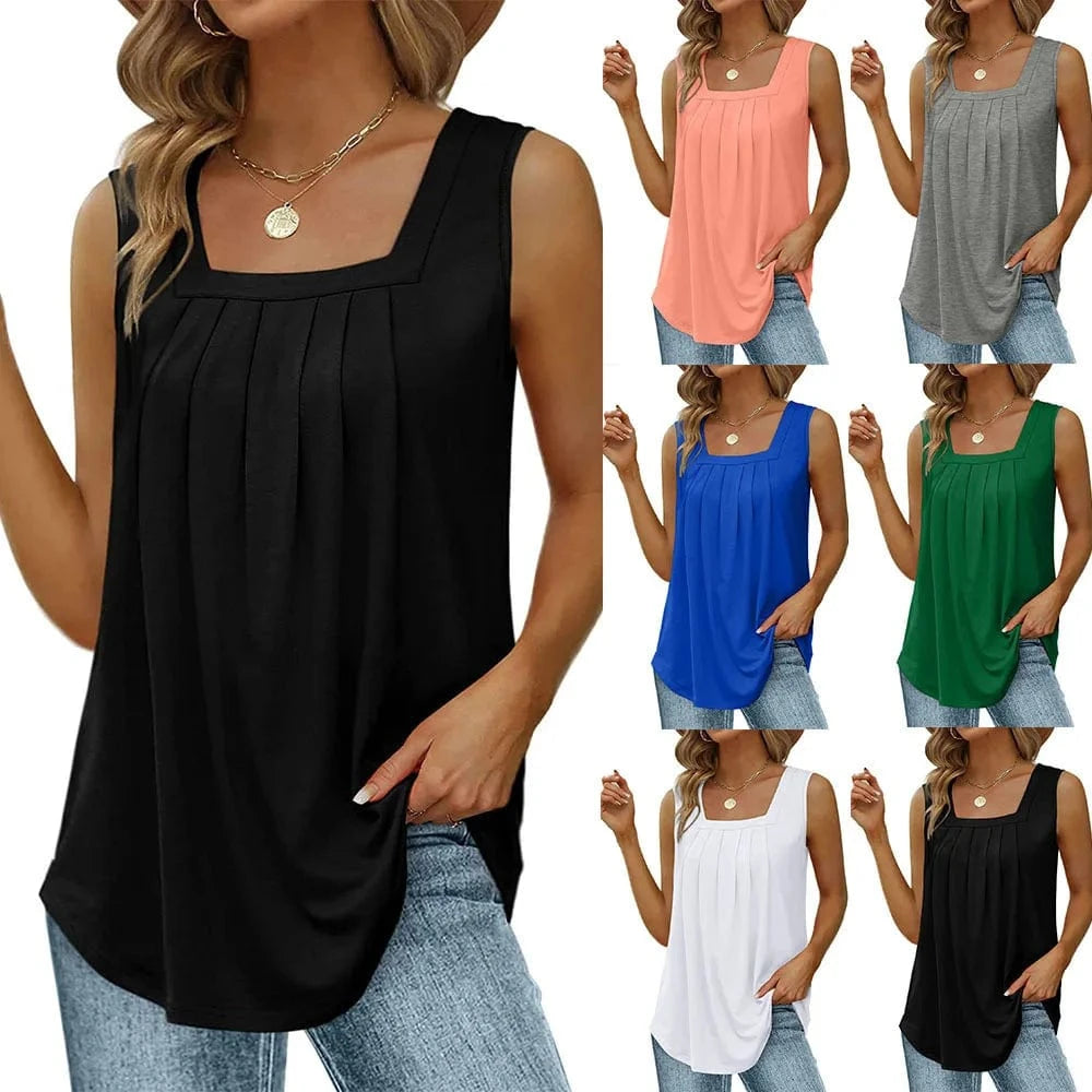 2024 new popular pleated square neck sleeveless dovetail vest T-shirt for women