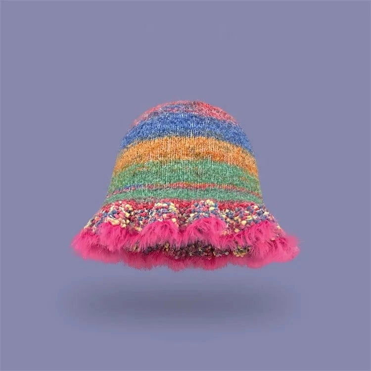 2024 New Retro Color Striped Oil Painting Style Bucket Hats Women Autumn and Winter Japanese Literary Fashion Warm Knitted Caps