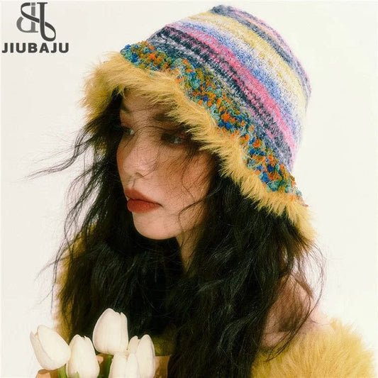 2024 New Retro Color Striped Oil Painting Style Bucket Hats Women Autumn and Winter Japanese Literary Fashion Warm Knitted Caps