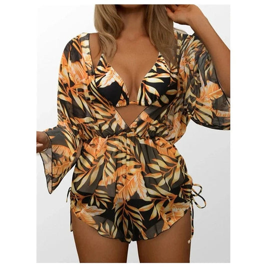 2024 New Sexy Bikinis Women Swimwear with Mesh Long Sleeve Beach Playsuit Cover Up 3 Piece Bikini Set Printed Swimsuit Beachwear