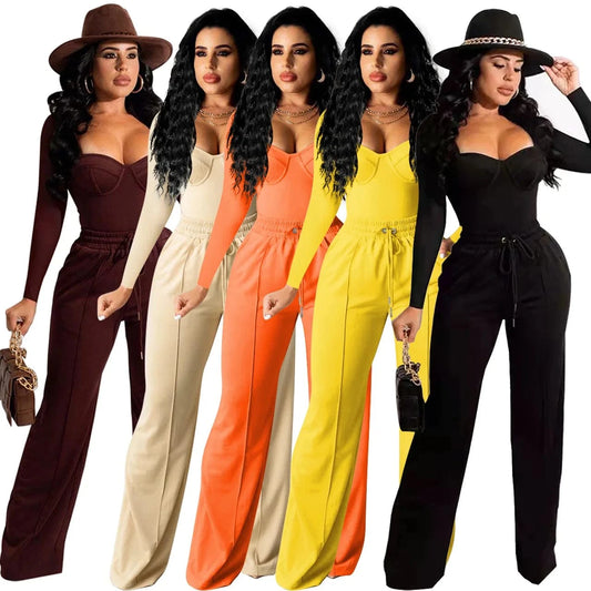 2024 New Sexy Casual 2PC Set Women Workwear Sleeveless Crop Tops High Waist Wide Leg Pants Suit Office Lady Party Club Outfits