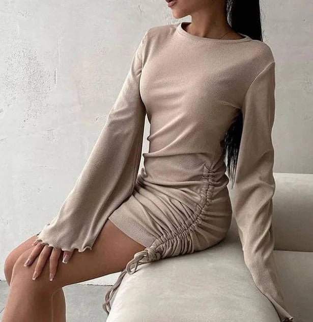 2024 new solid color ribbed flare long sleeve sexy slim bodycon dress woman