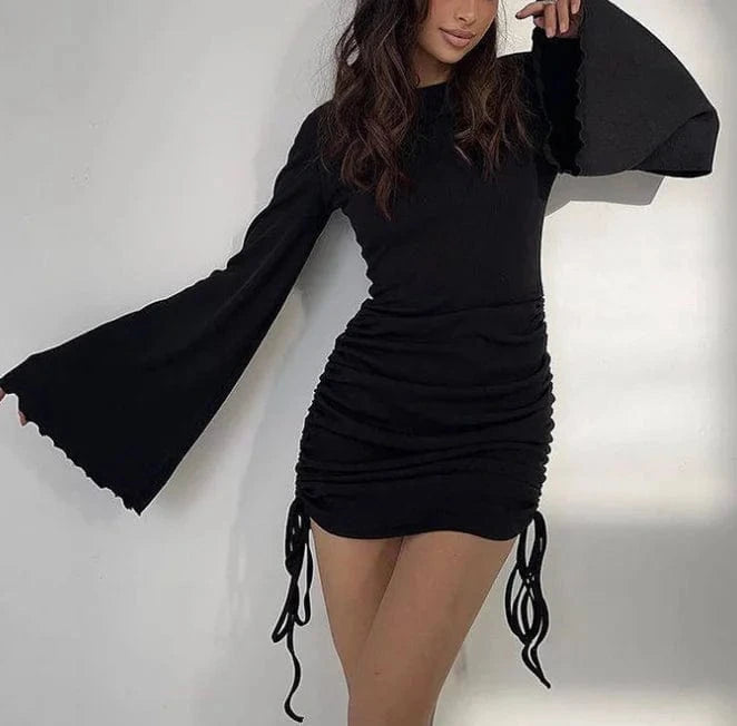 2024 new solid color ribbed flare long sleeve sexy slim bodycon dress woman