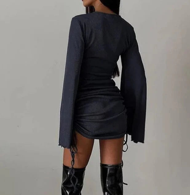 2024 new solid color ribbed flare long sleeve sexy slim bodycon dress woman