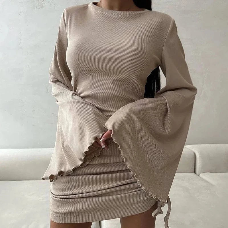 2024 new solid color ribbed flare long sleeve sexy slim bodycon dress woman