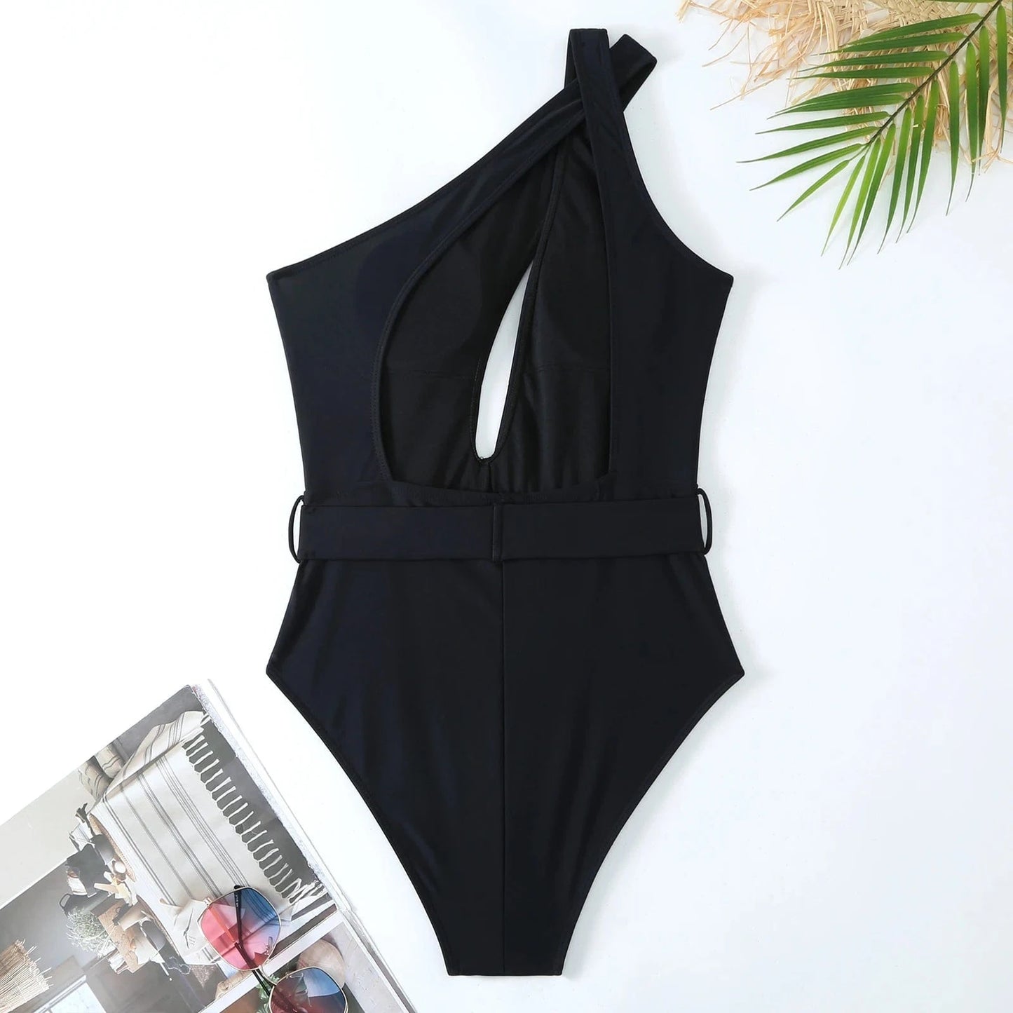 2024 New Solid One Pieces Swimsuit with Skirt One Shoulder Bathing Suit Cut Out with Belt Vintage Como Set High Leg Swimwear