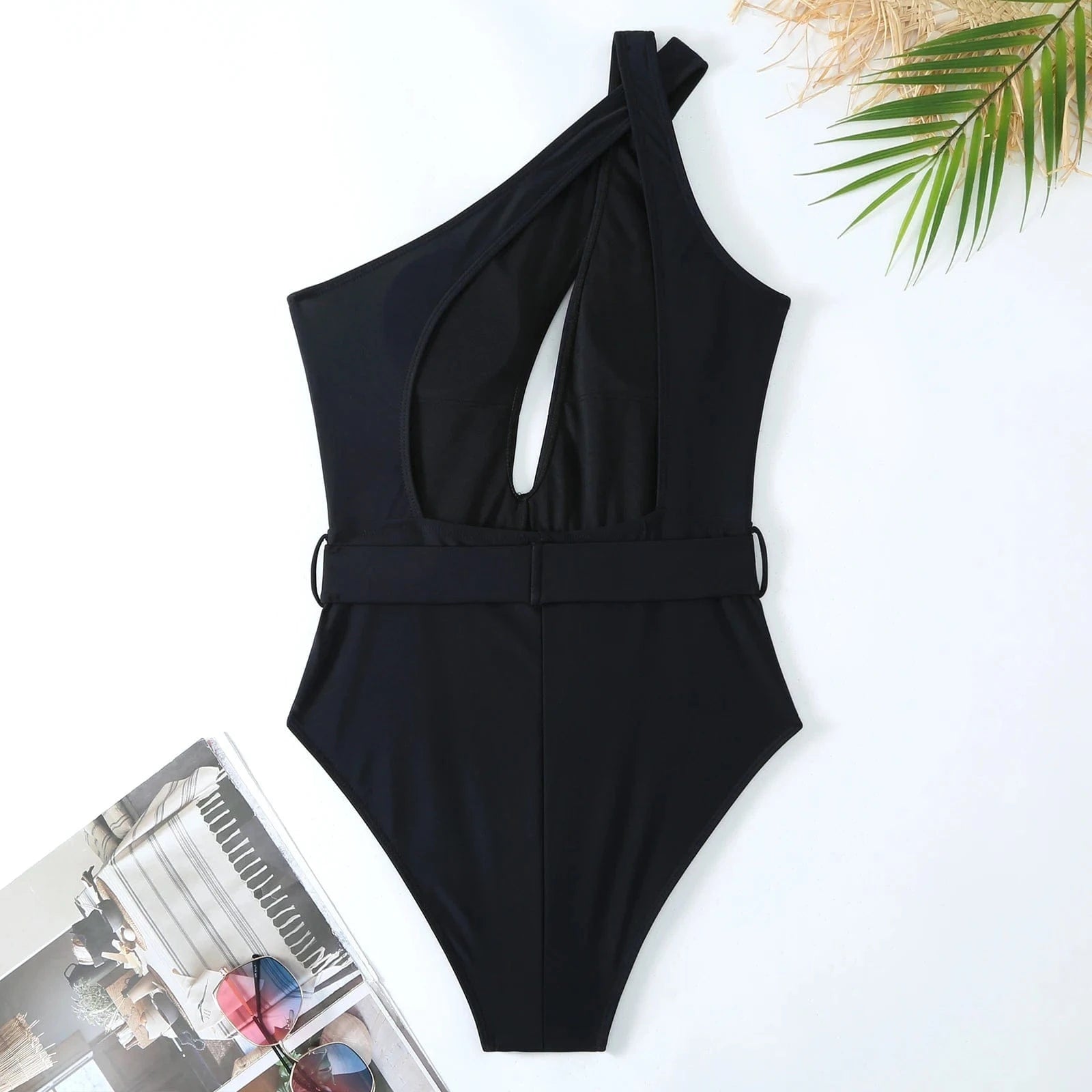 2024 New Solid One Pieces Swimsuit with Skirt One Shoulder Bathing Suit Cut Out with Belt Vintage Como Set High Leg Swimwear