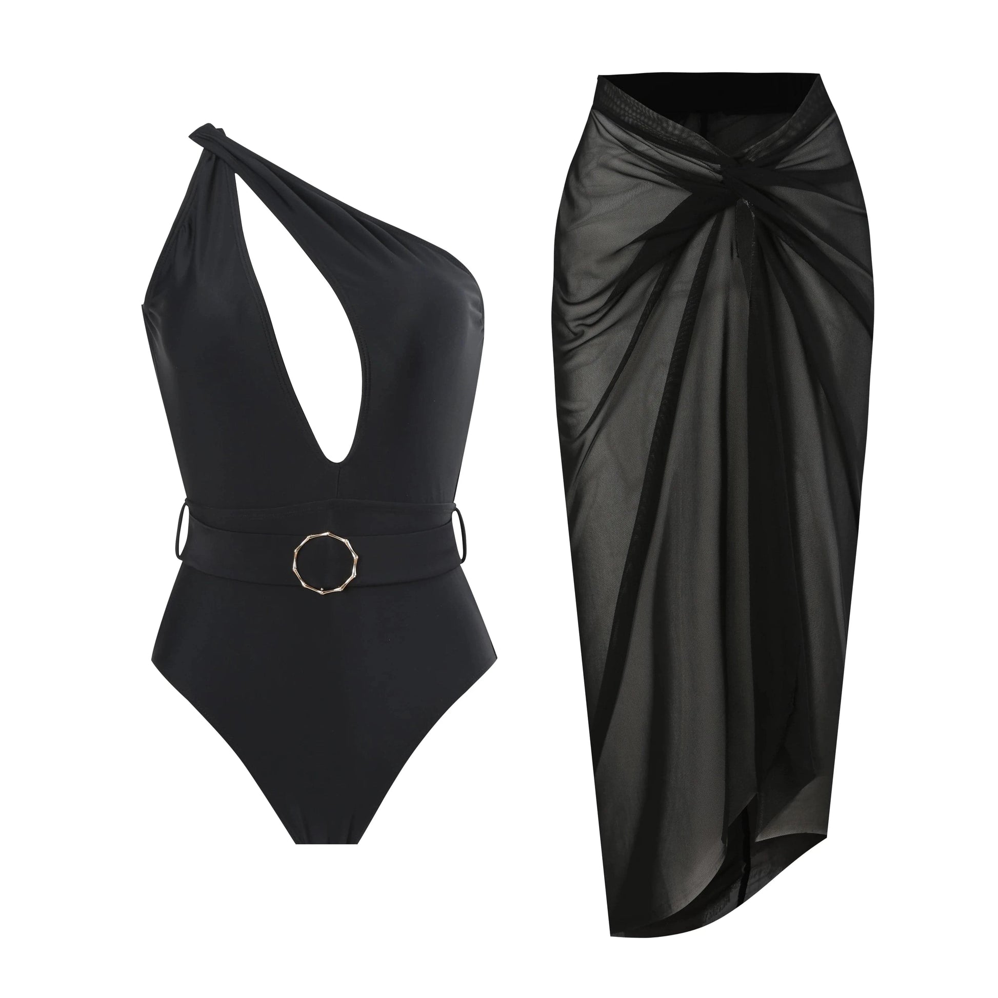 2024 New Solid One Pieces Swimsuit with Skirt One Shoulder Bathing Suit Cut Out with Belt Vintage Como Set High Leg Swimwear