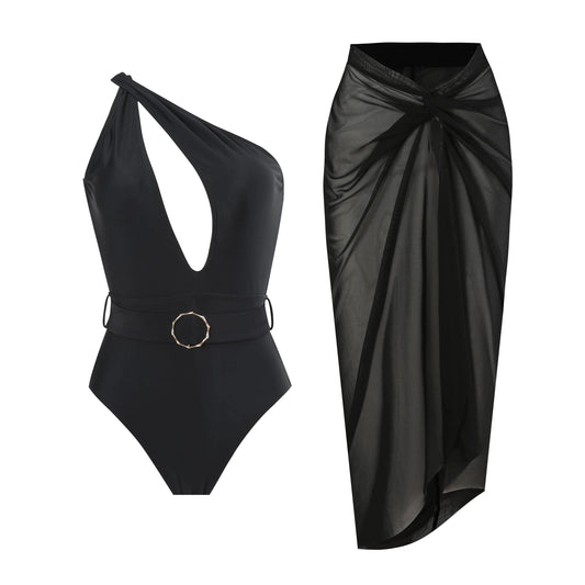 2024 New Solid One Pieces Swimsuit with Skirt One Shoulder Bathing Suit Cut Out with Belt Vintage Como Set High Leg Swimwear