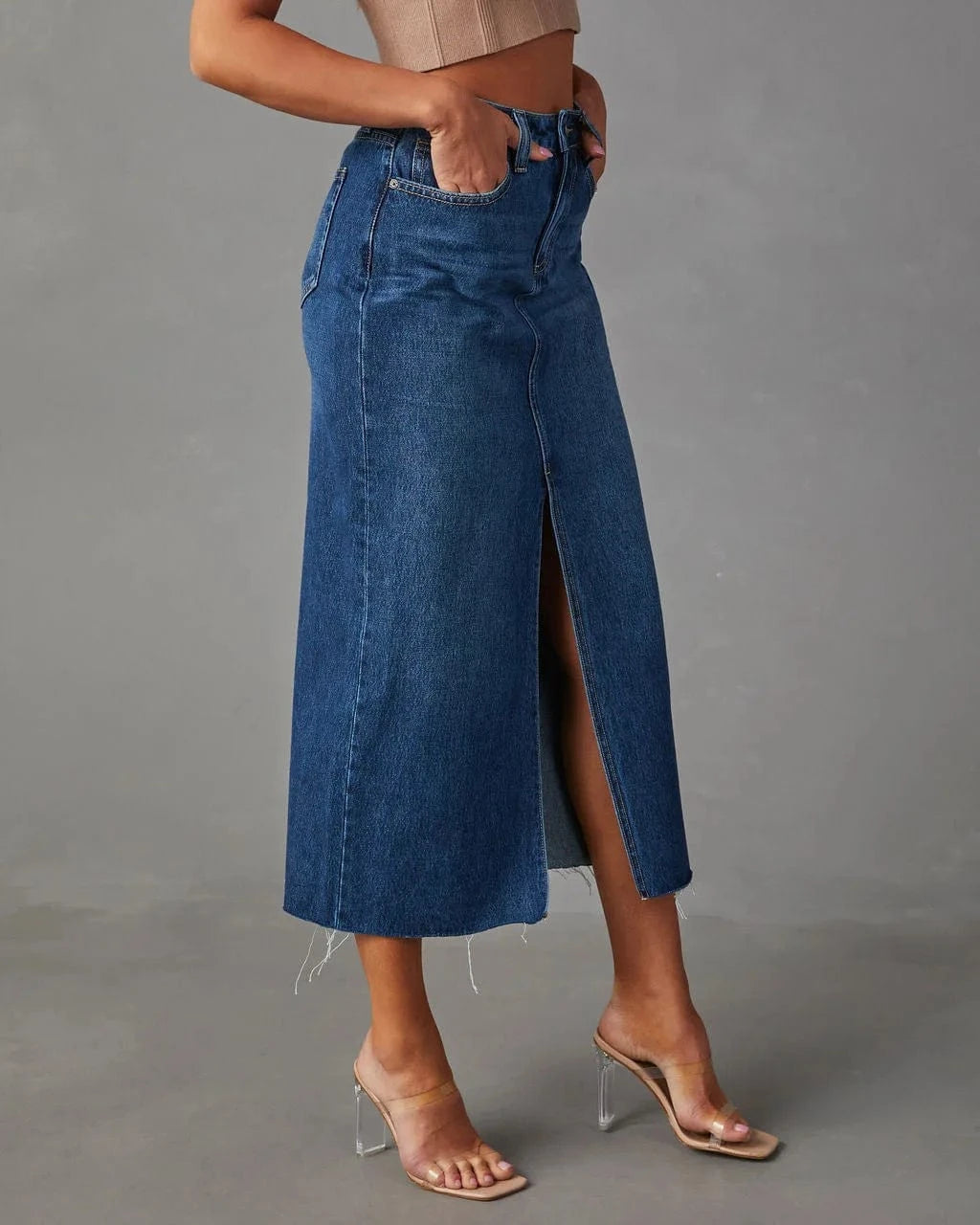 2024 New split Denim skirt High waist Washed European and American style A- line skirt Mid-length skirt For women