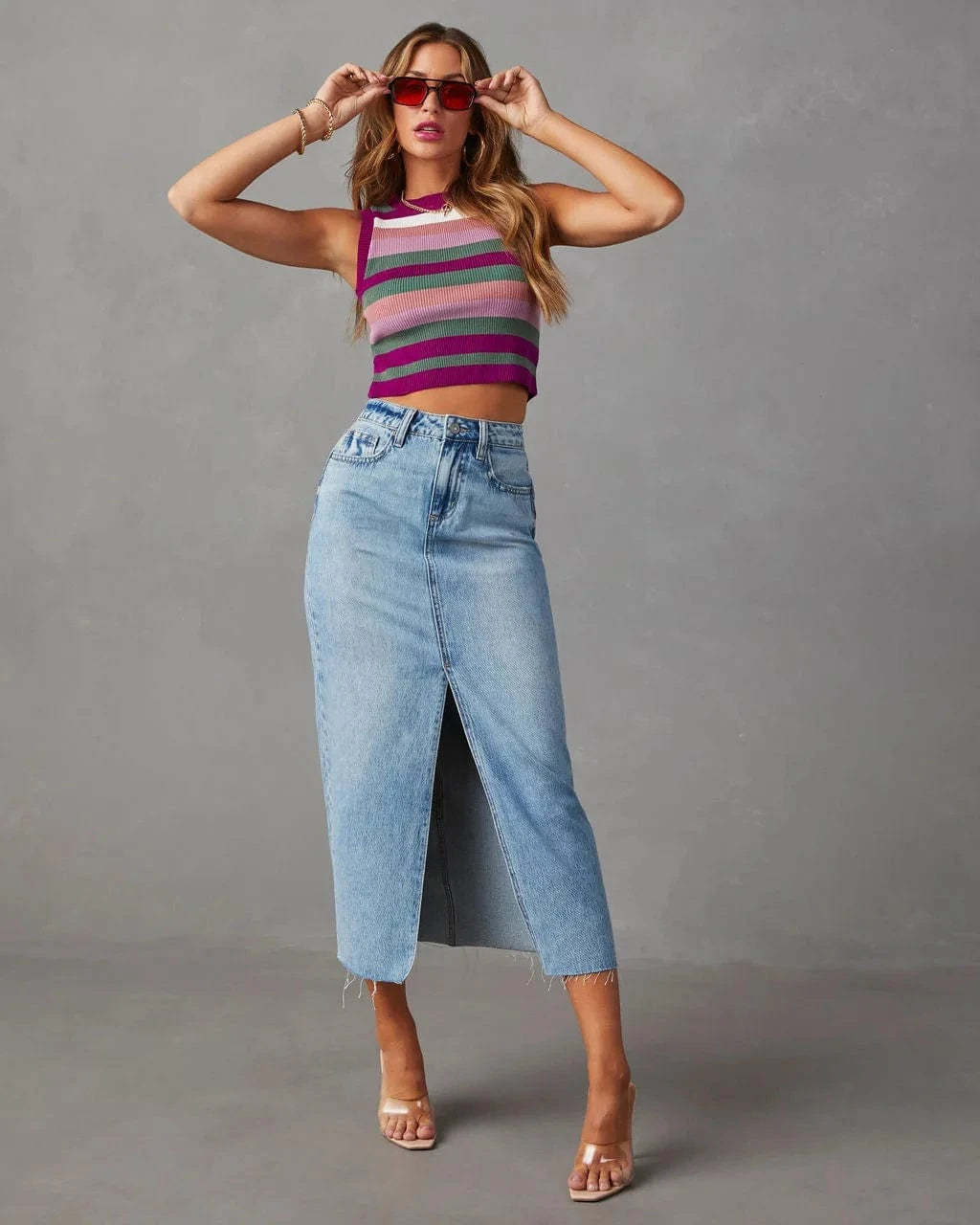 2024 New split Denim skirt High waist Washed European and American style A- line skirt Mid-length skirt For women
