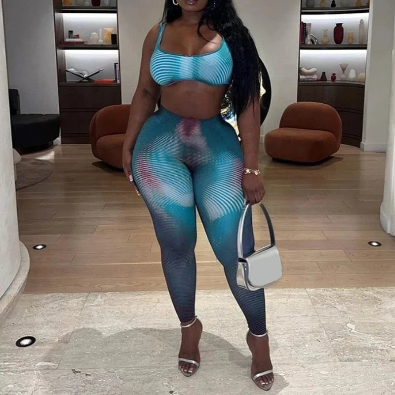 2024 New Spring Casual Set 3D Printed Design Skinny Sport Vest and Pants Women Two Pieces Set