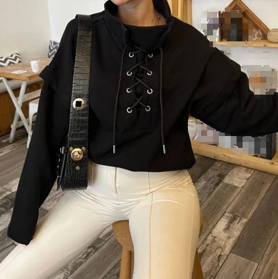 2024 New Spring Fashion Lace Up Sweatshirt Patchwork 2 In 1 Loose Tops Solid Color High Neck Pullover For Ladies