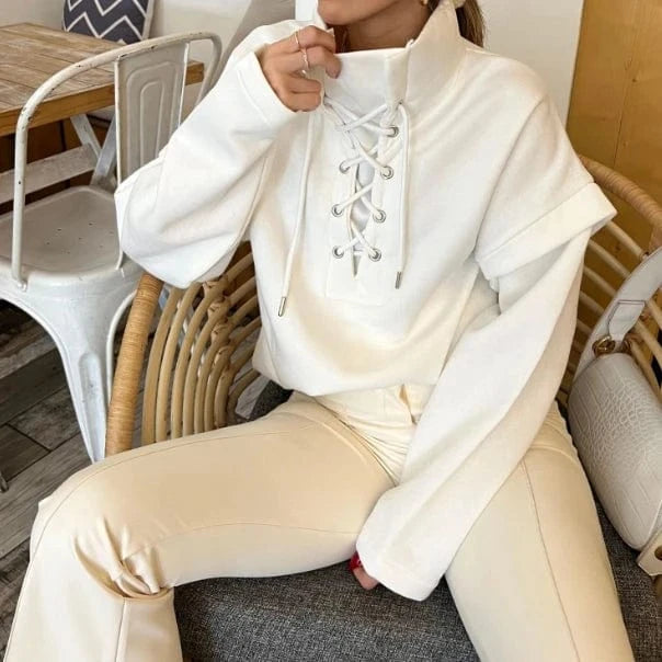 2024 New Spring Fashion Lace Up Sweatshirt Patchwork 2 In 1 Loose Tops Solid Color High Neck Pullover For Ladies