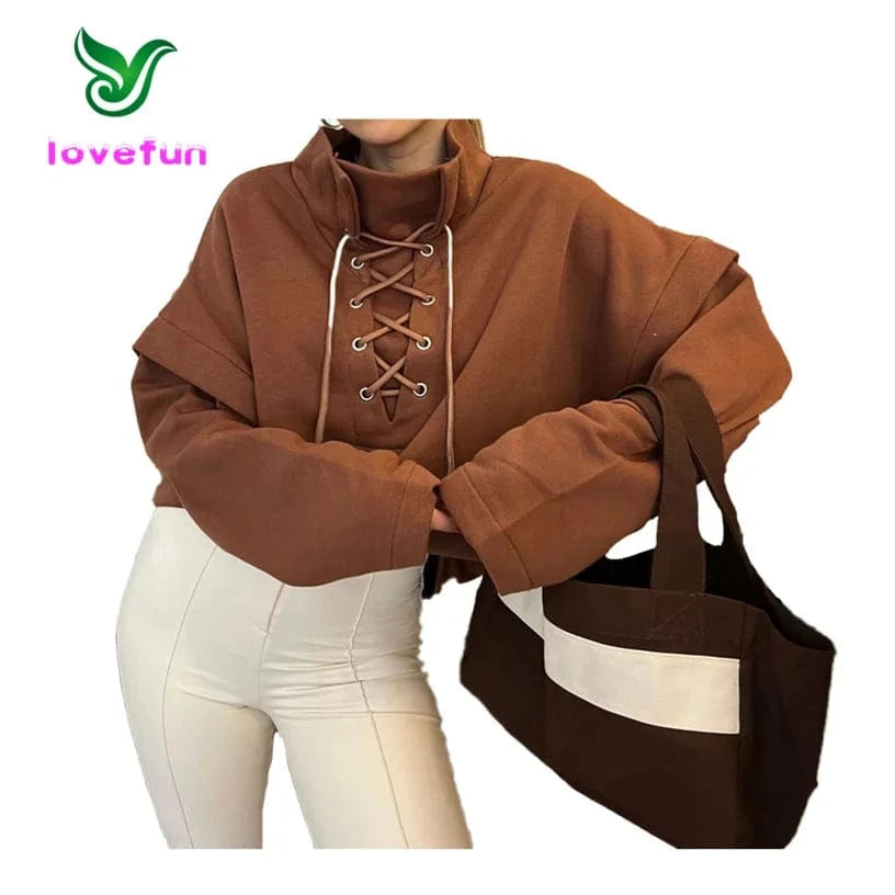 2024 New Spring Fashion Lace Up Sweatshirt Patchwork 2 In 1 Loose Tops Solid Color High Neck Pullover For Ladies