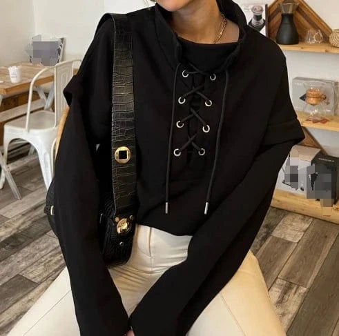 2024 New Spring Fashion Lace Up Sweatshirt Patchwork 2 In 1 Loose Tops Solid Color High Neck Pullover For Ladies