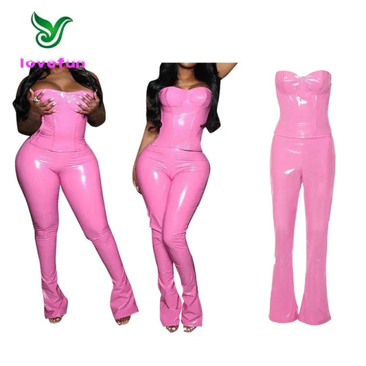 2024 New Spring Glossy Color Pu Leather Tight Suit Tube Top And Flare Pants Sexy Strapless Corset 2 Piece Set